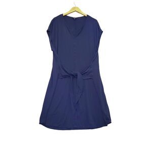 Lands End Midi Dress Size 3X Jersey Tie Waist Navy Sleeveless Split‎ V Neck